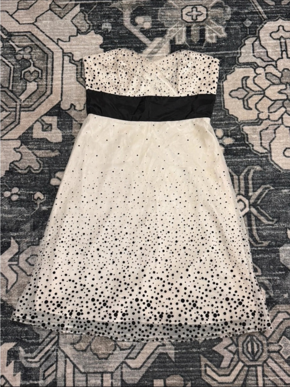 Homecoming Dress Strapless White Dress with Black Polka Dot Overlay